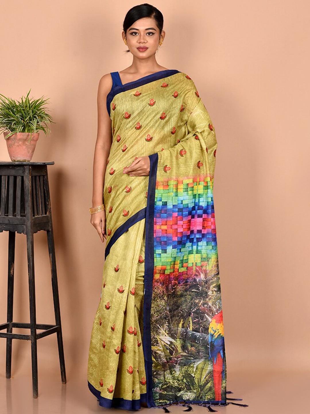 

AllSilks Lime Green & Navy Blue Silk Blend Tussar Saree