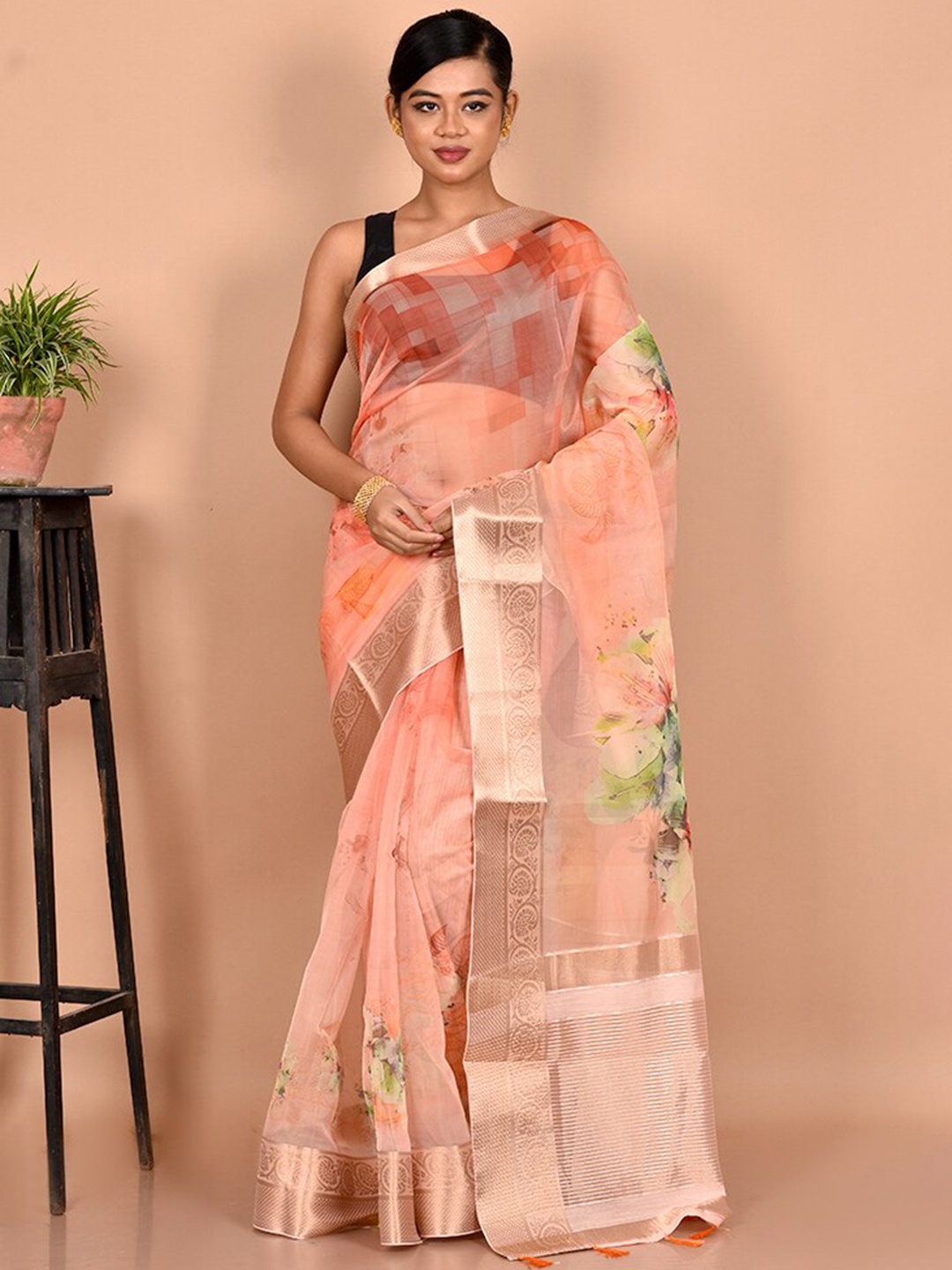 

AllSilks Peach-Coloured & Green Floral Zari Organza Saree