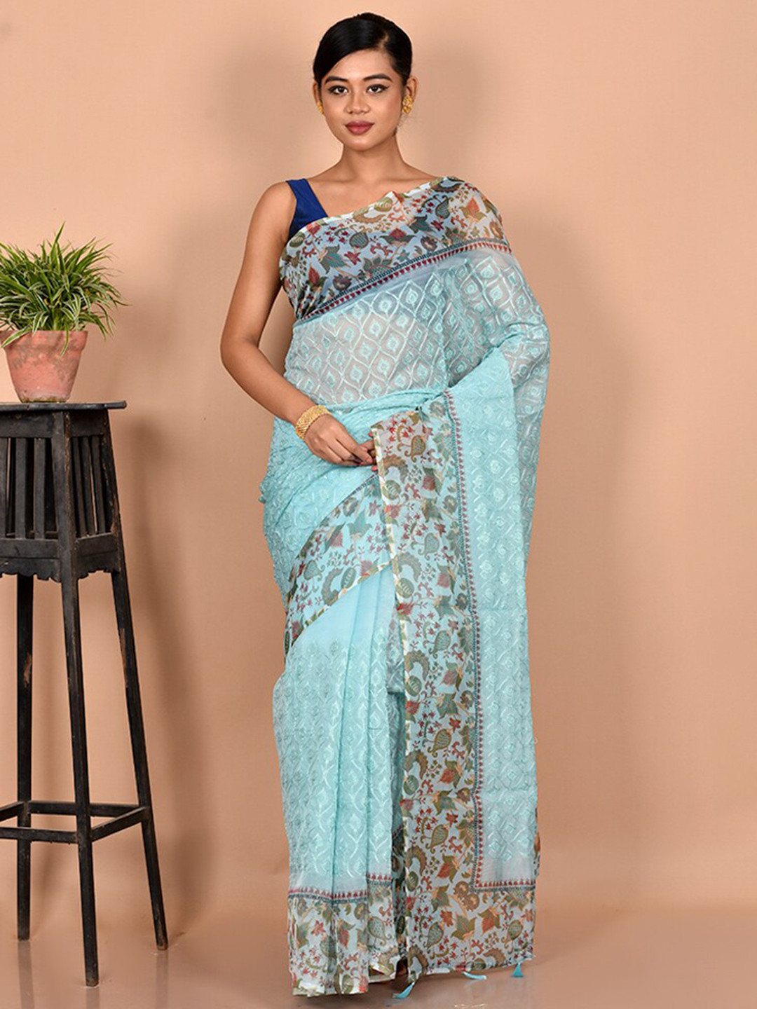

AllSilks Blue & Green Floral Organza Saree