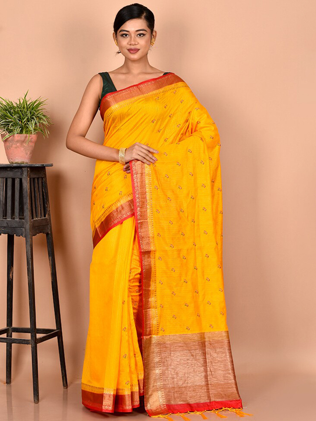 

AllSilks Yellow & Red Floral Zari Silk Blend Saree
