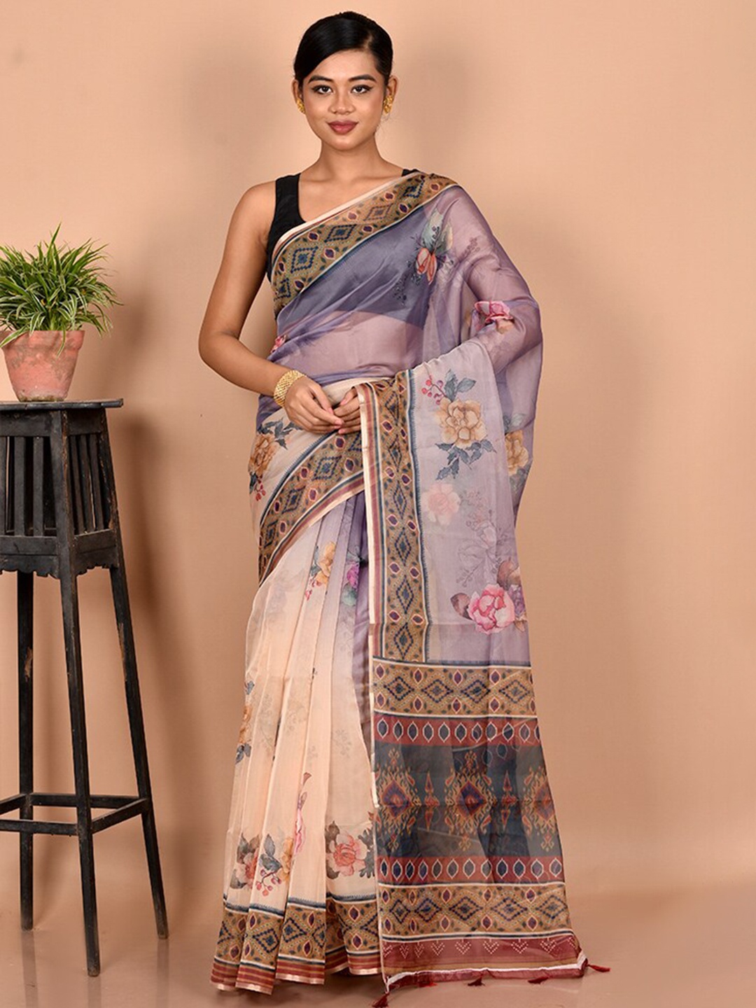 

AllSilks Mauve & Brown Floral Organza Saree