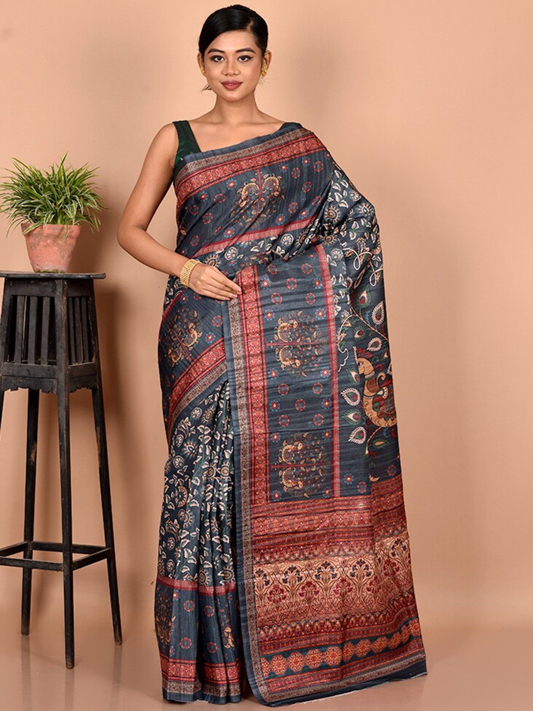 

AllSilks Blue & Pink Woven Design Silk Blend Tussar Saree