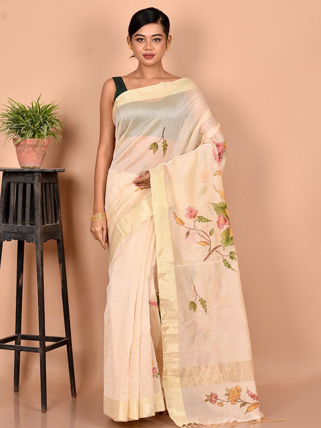 

AllSilks Cream-Coloured & Green Floral Pure Cotton Saree