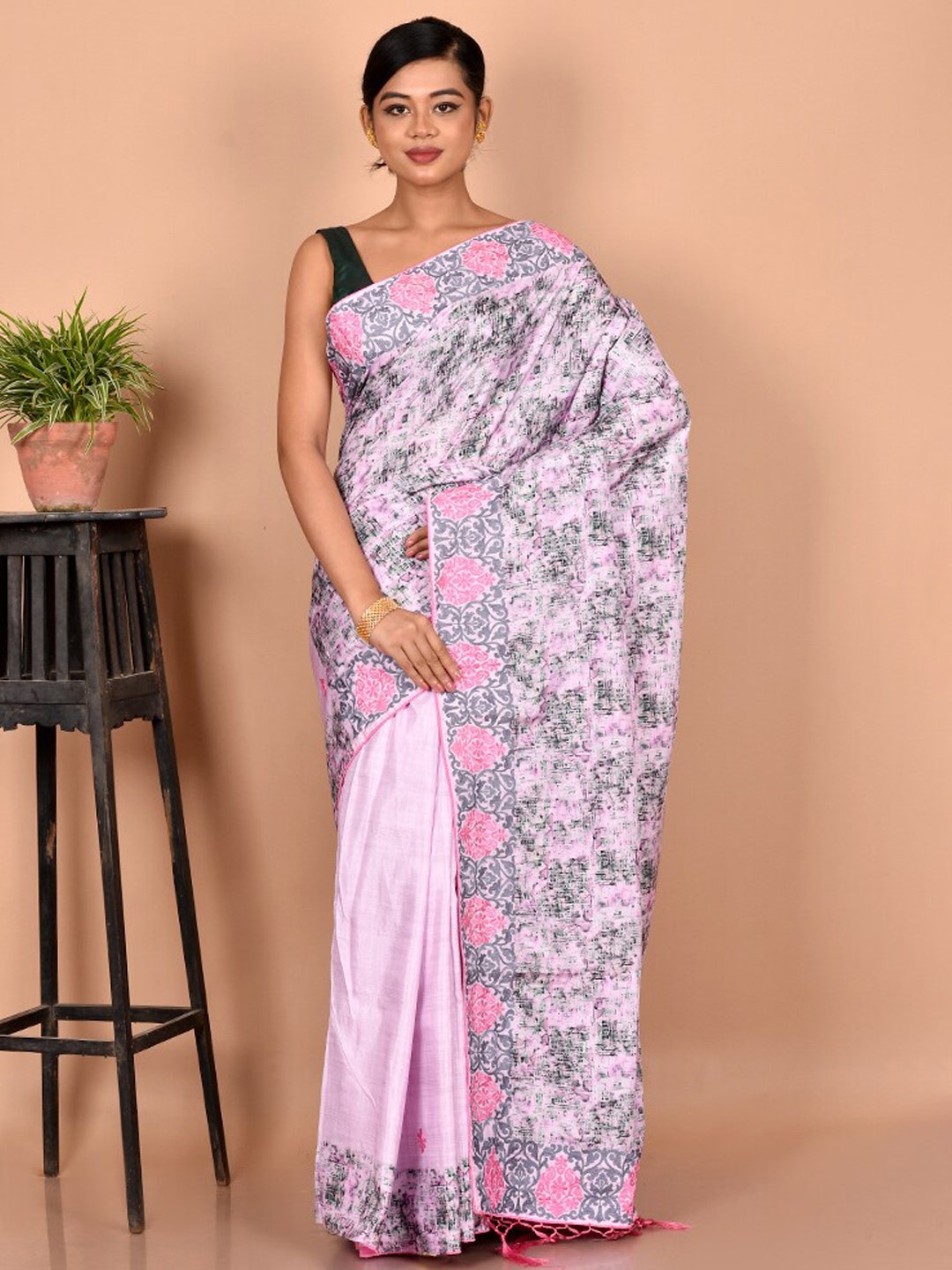 

AllSilks Pink & Grey Woven Design Silk Blend Tussar Saree