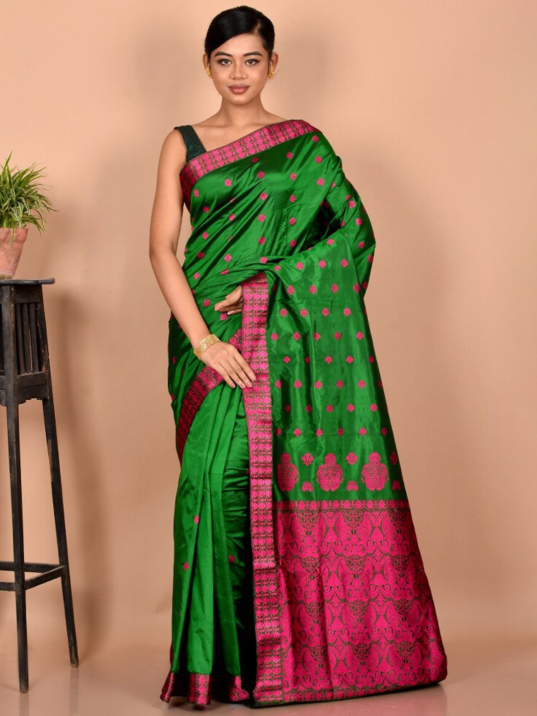 

AllSilks Green & Pink Woven Design Pure Silk Saree