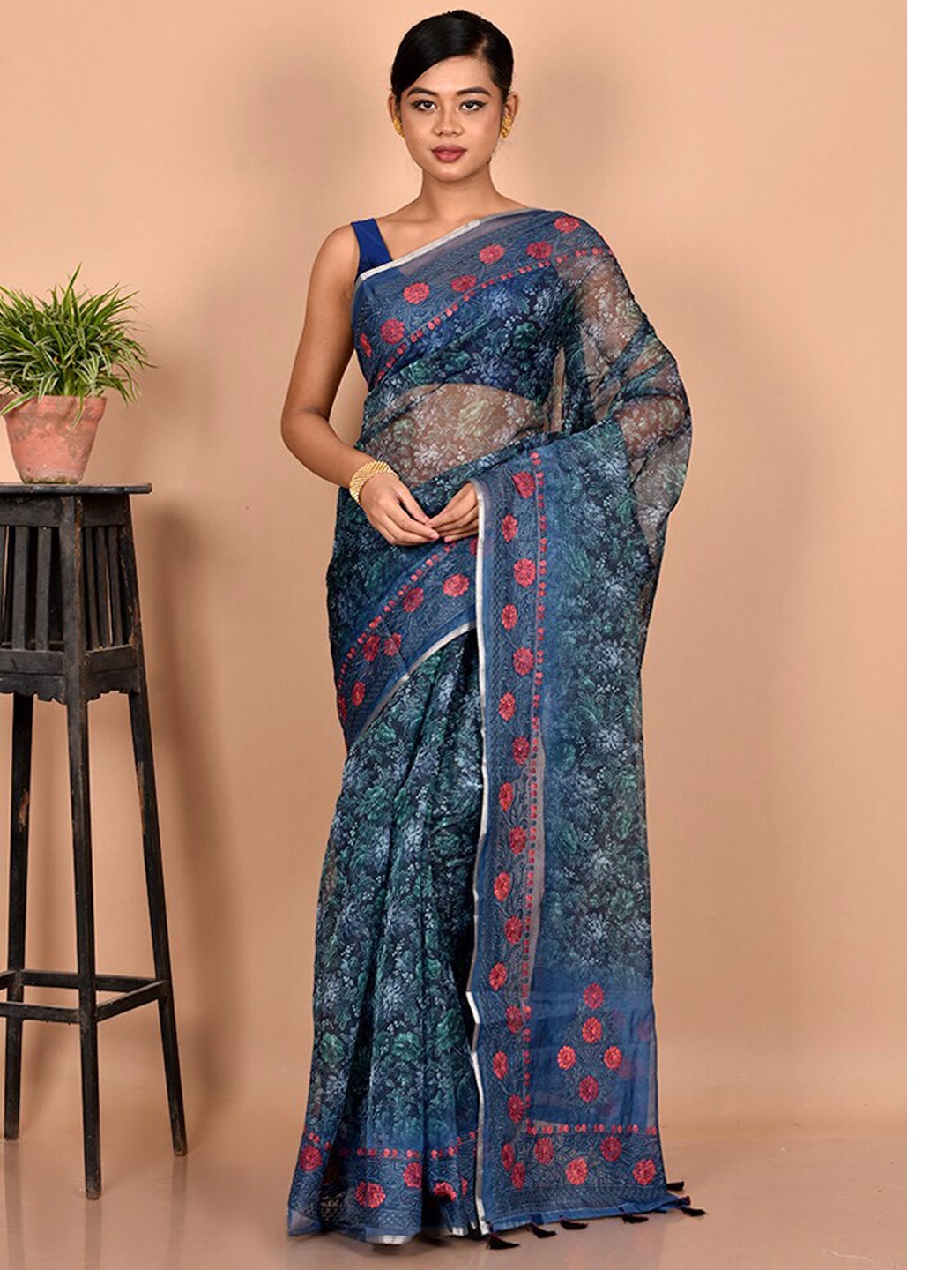 

AllSilks Blue & Pink Floral Organza Saree