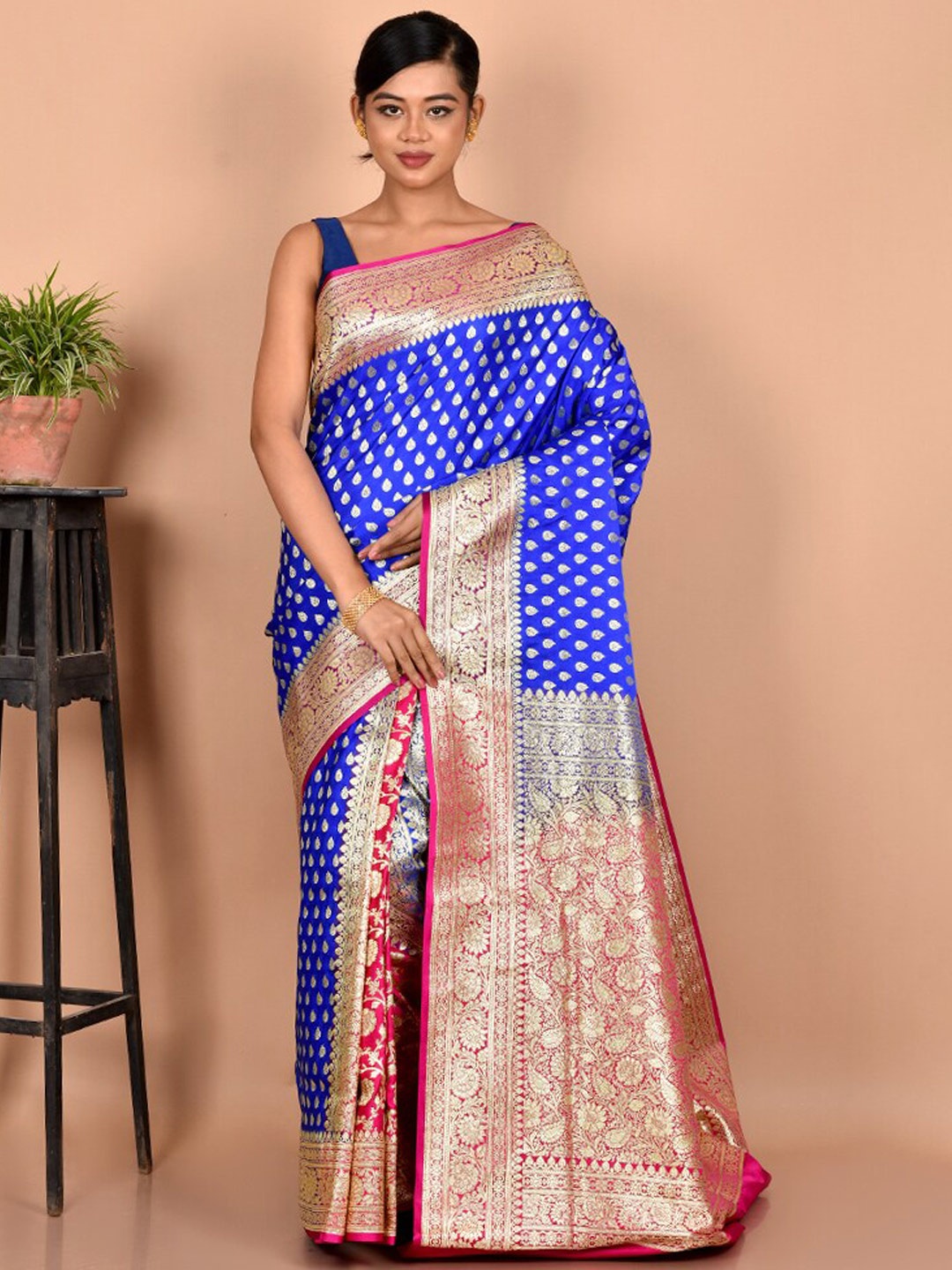 

AllSilks Blue & Pink Ethnic Motifs Zari Silk Blend Banarasi Saree