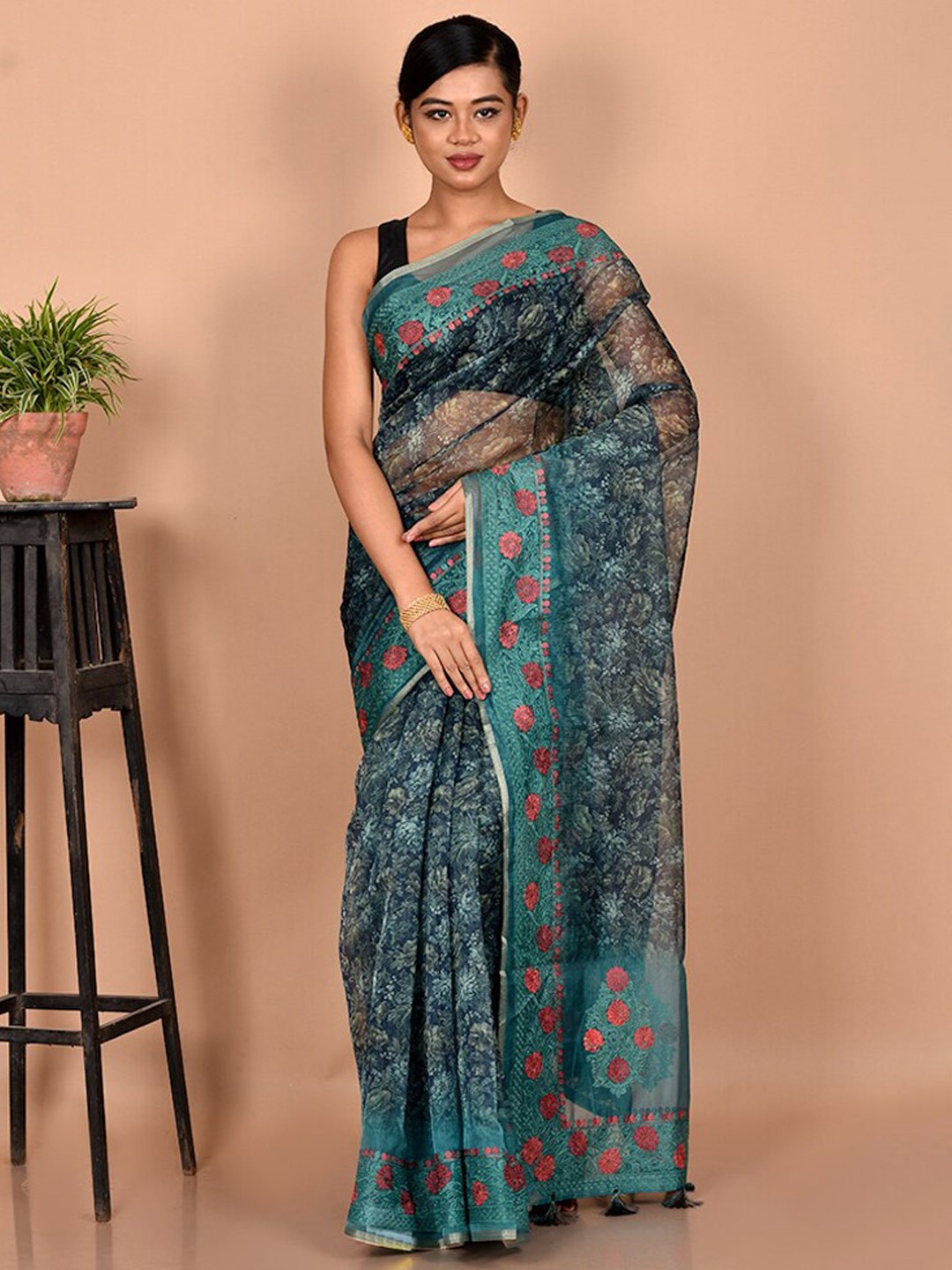 

AllSilks Green & Pink Floral Organza Saree