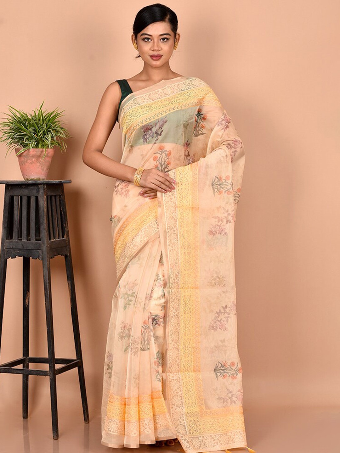 

AllSilks Yellow & Green Floral Organza Saree