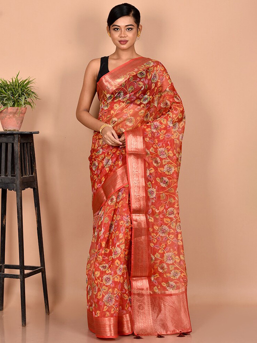 

AllSilks Red & Grey Floral Zari Organza Saree