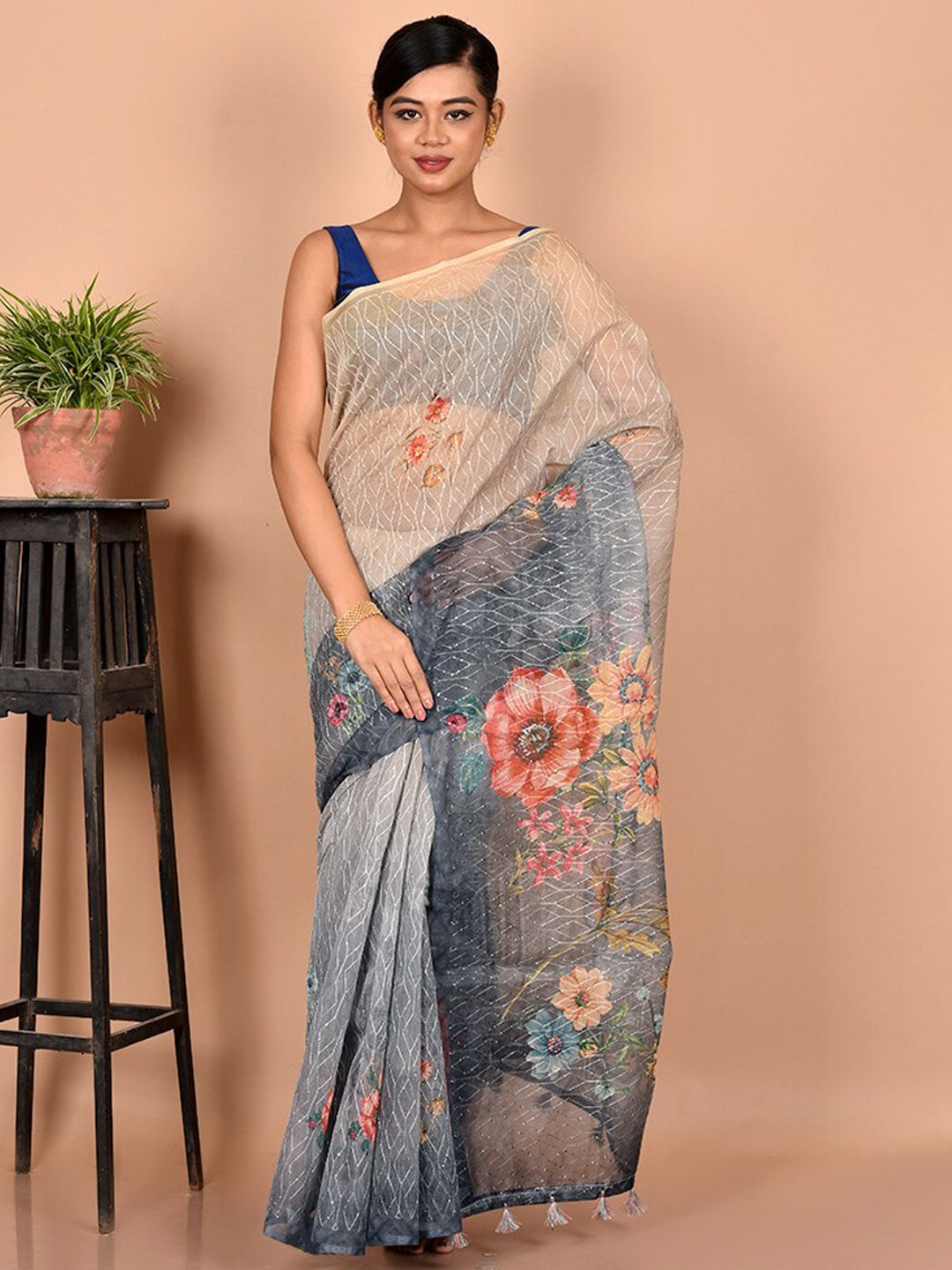 

AllSilks Grey & Pink Floral Organza Saree