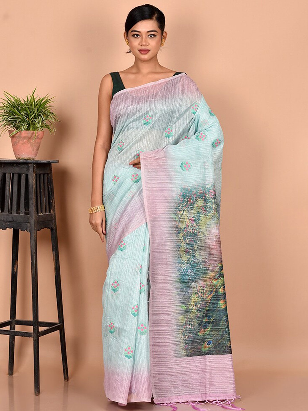 

AllSilks Green & Pink Floral Silk Blend Tussar Saree