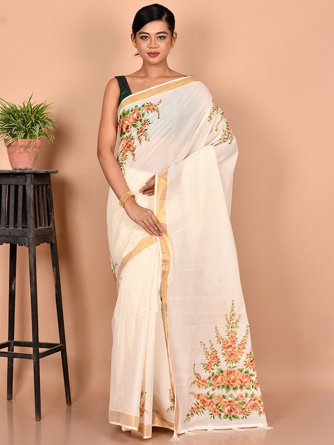 

AllSilks Cream-Coloured & Orange Floral Zari Pure Cotton Saree