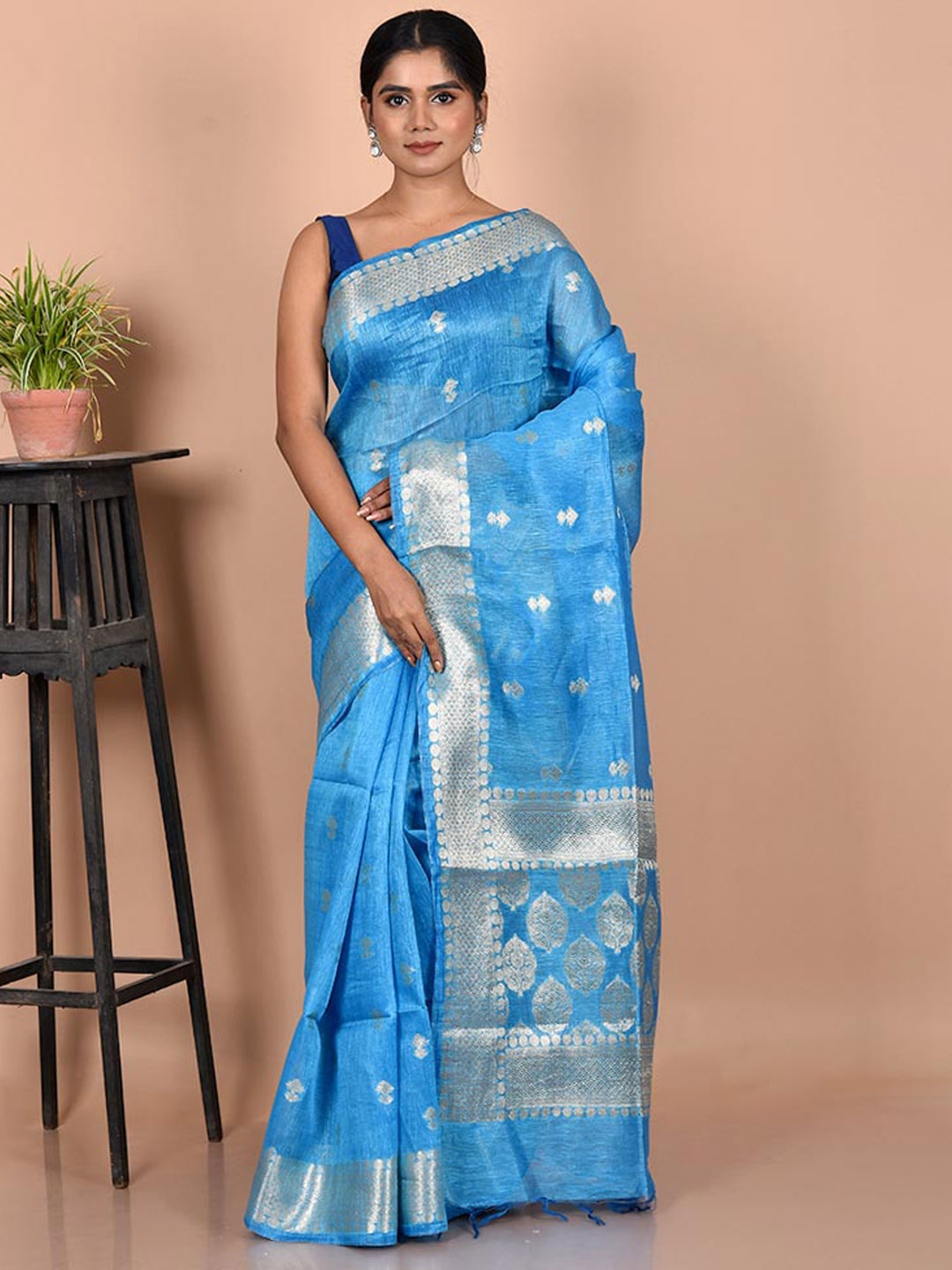 

AllSilks Blue & Silver-Toned Woven Design Zari Pure Linen Saree