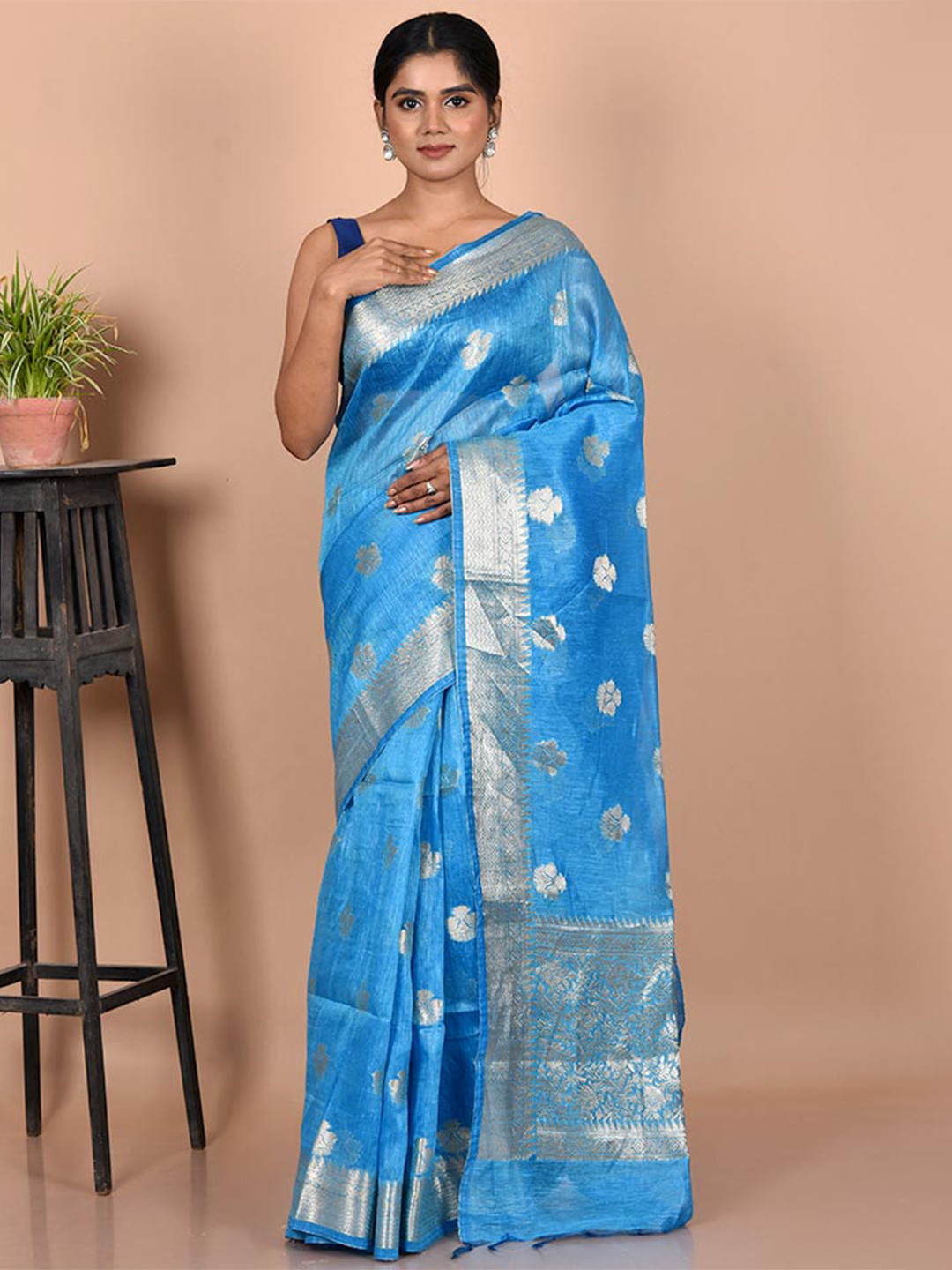 

AllSilks Blue & Silver-Toned Woven Design Zari Pure Linen Saree