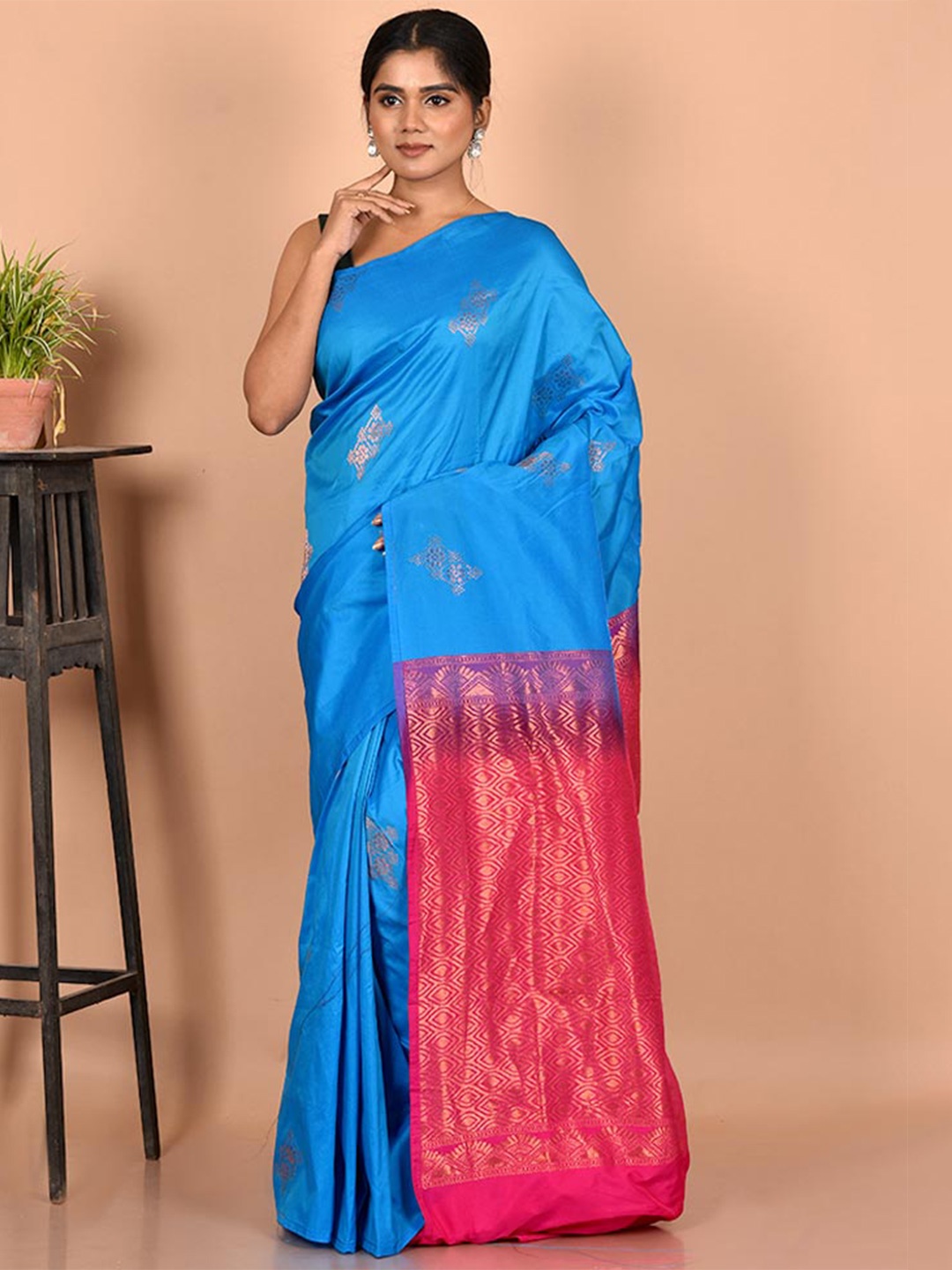 

AllSilks Blue & Red Woven Design Silk Blend Kanjeevaram Saree