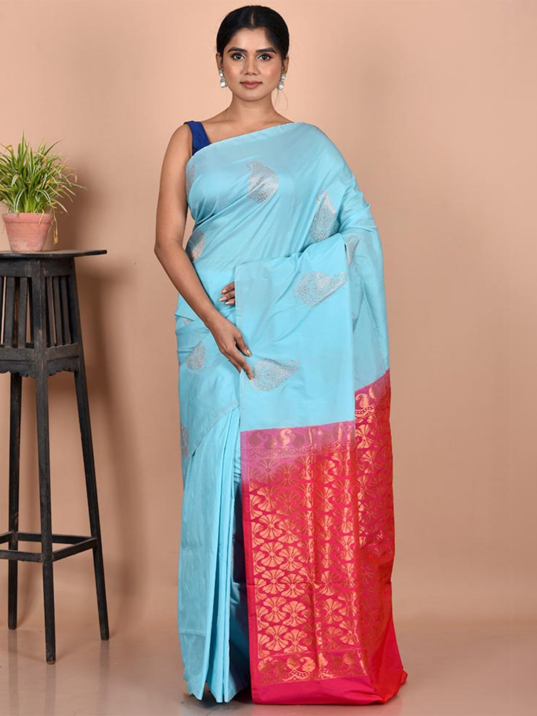 

AllSilks Blue & Pink Woven Design Zari Silk Blend Kanjeevaram Saree