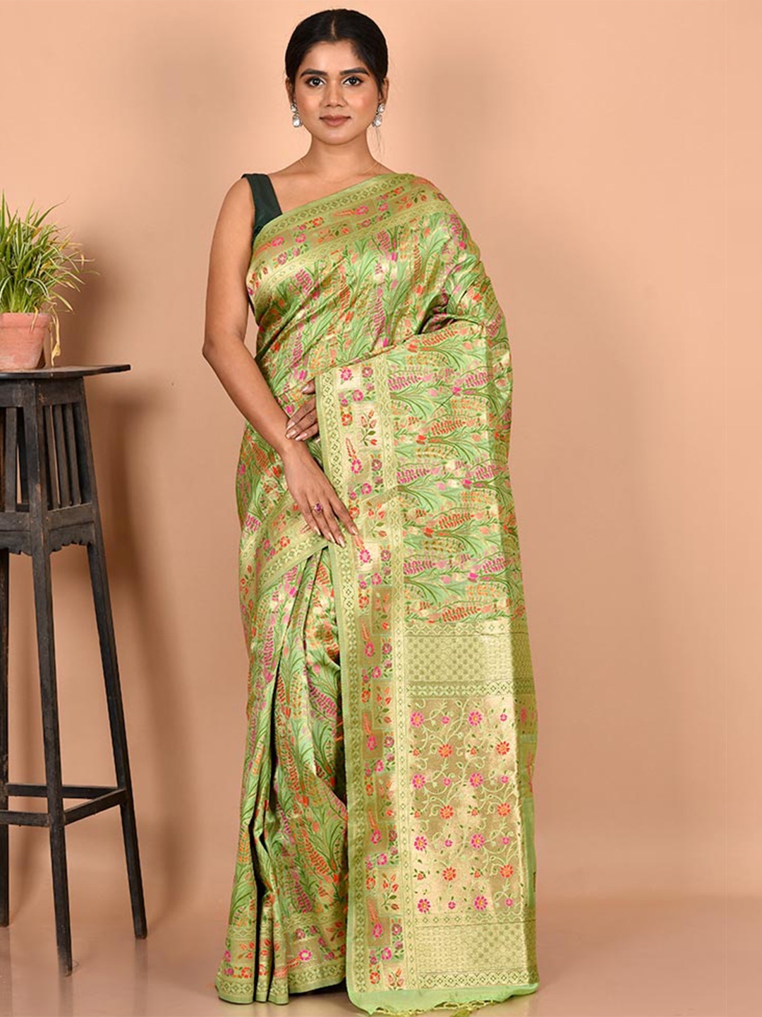 

AllSilks Green & Pink Woven Design Zari Silk Blend Saree