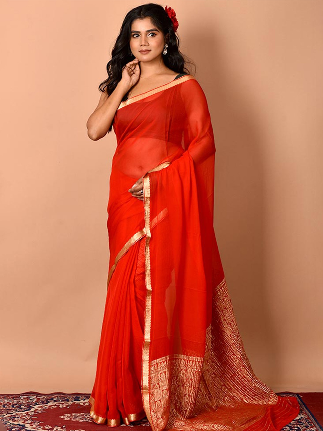 

AllSilks Red & Gold-Toned Zari Pure Chiffon Saree