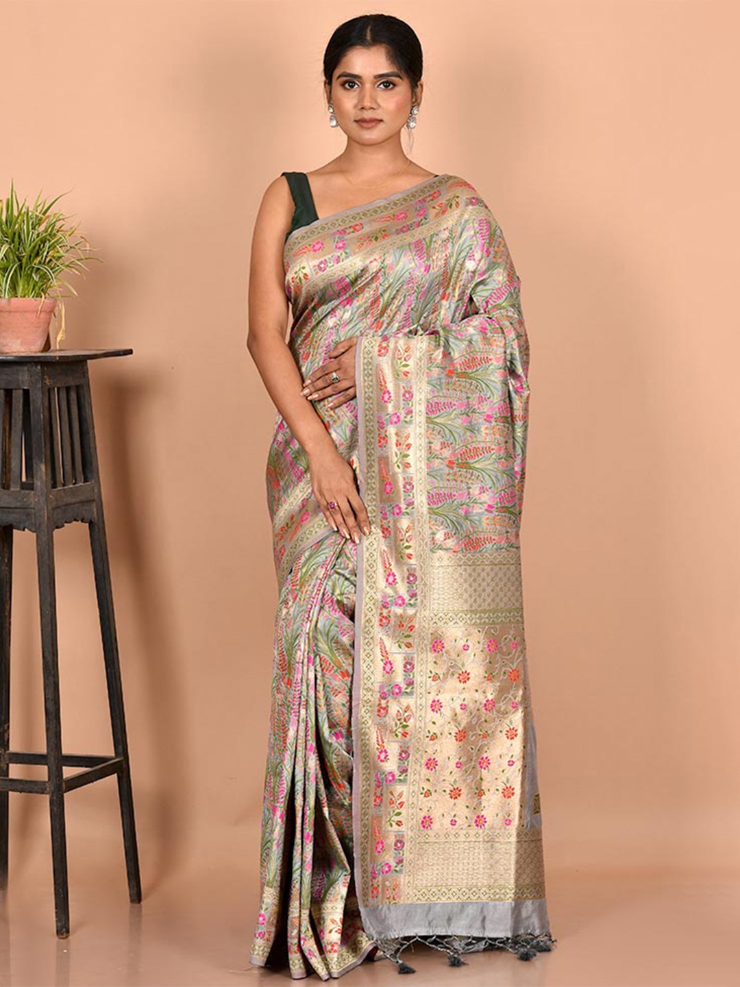 

AllSilks Grey & Pink Woven Design Zari Silk Blend Saree