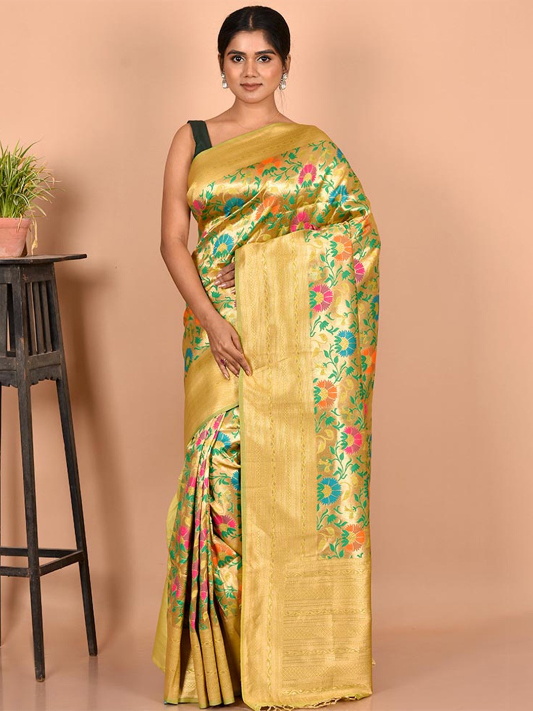 

AllSilks Gold-Toned & Blue Woven Design Zari Silk Blend Saree