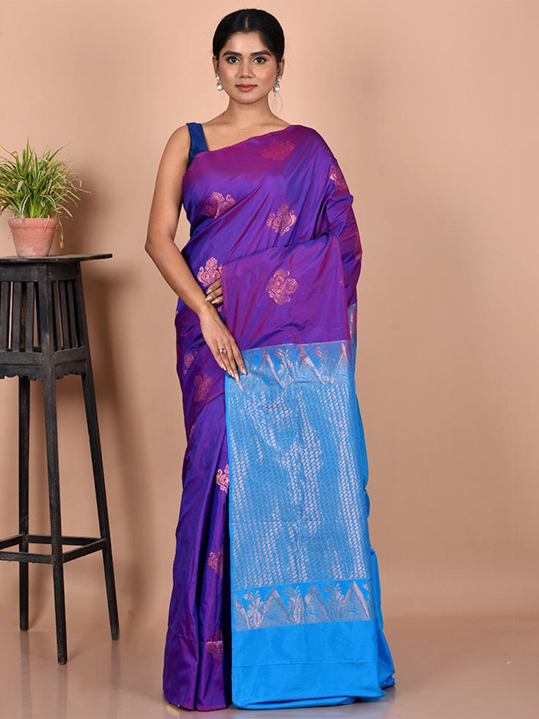 

AllSilks Purple & Blue Woven Design Zari Silk Blend Kanjeevaram Saree
