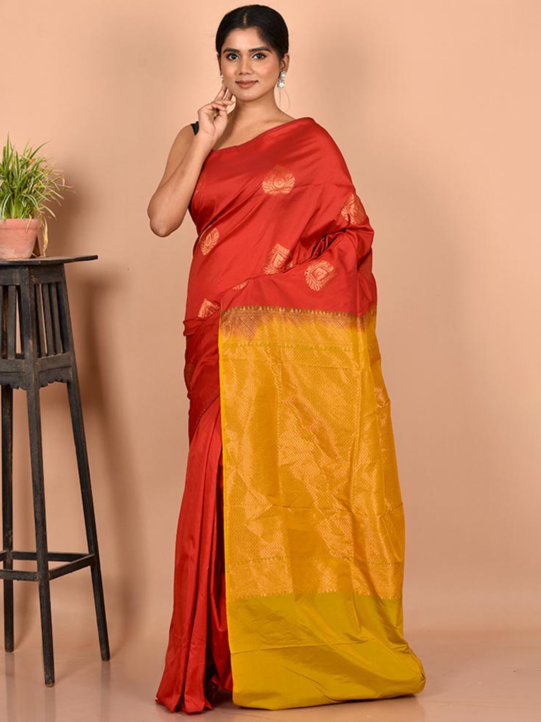 

AllSilks Red & Mustard Woven Design Zari Silk Blend Kanjeevaram Saree