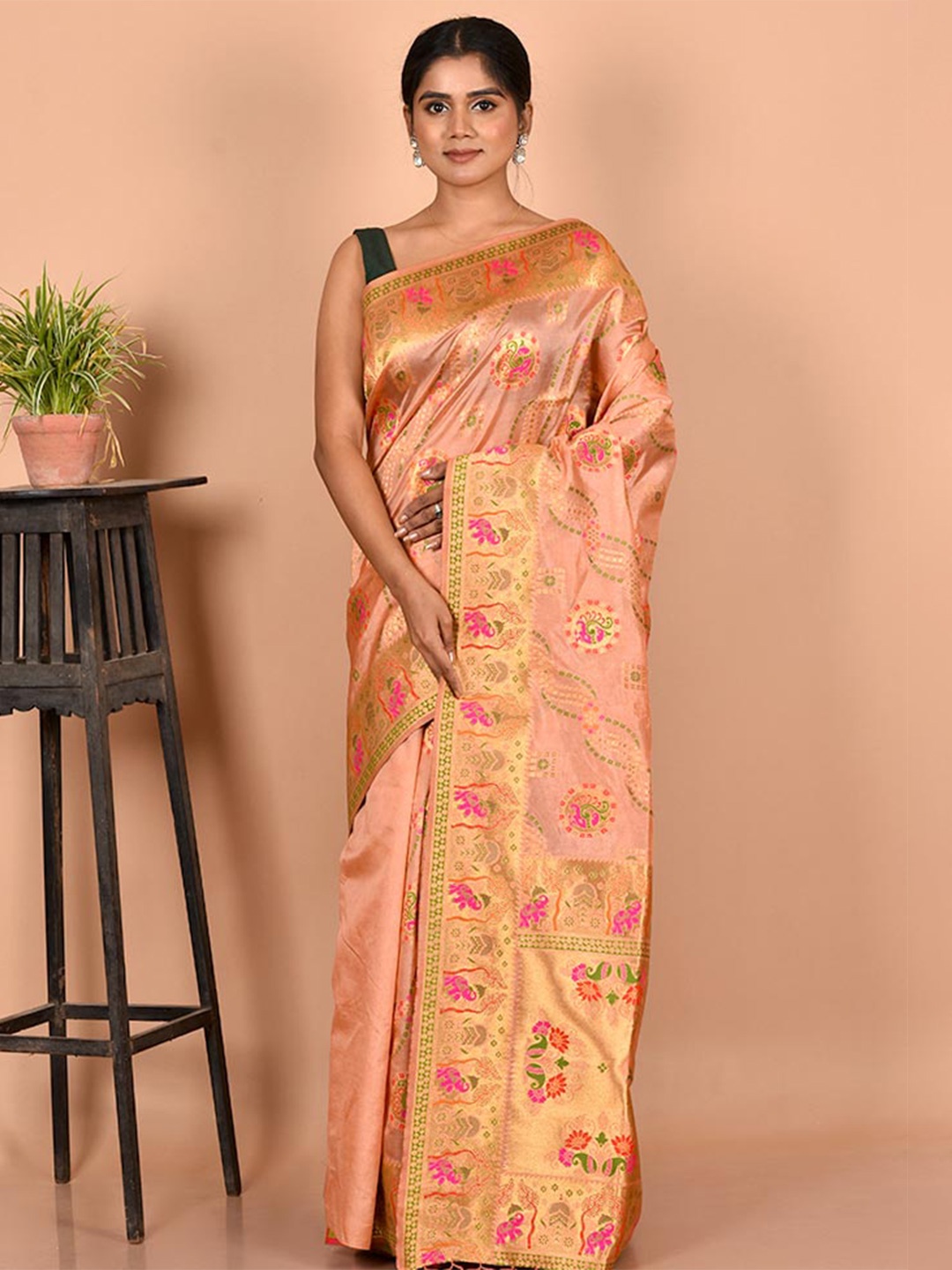 

AllSilks Peach-Coloured & Pink Woven Design Zari Silk Blend Saree