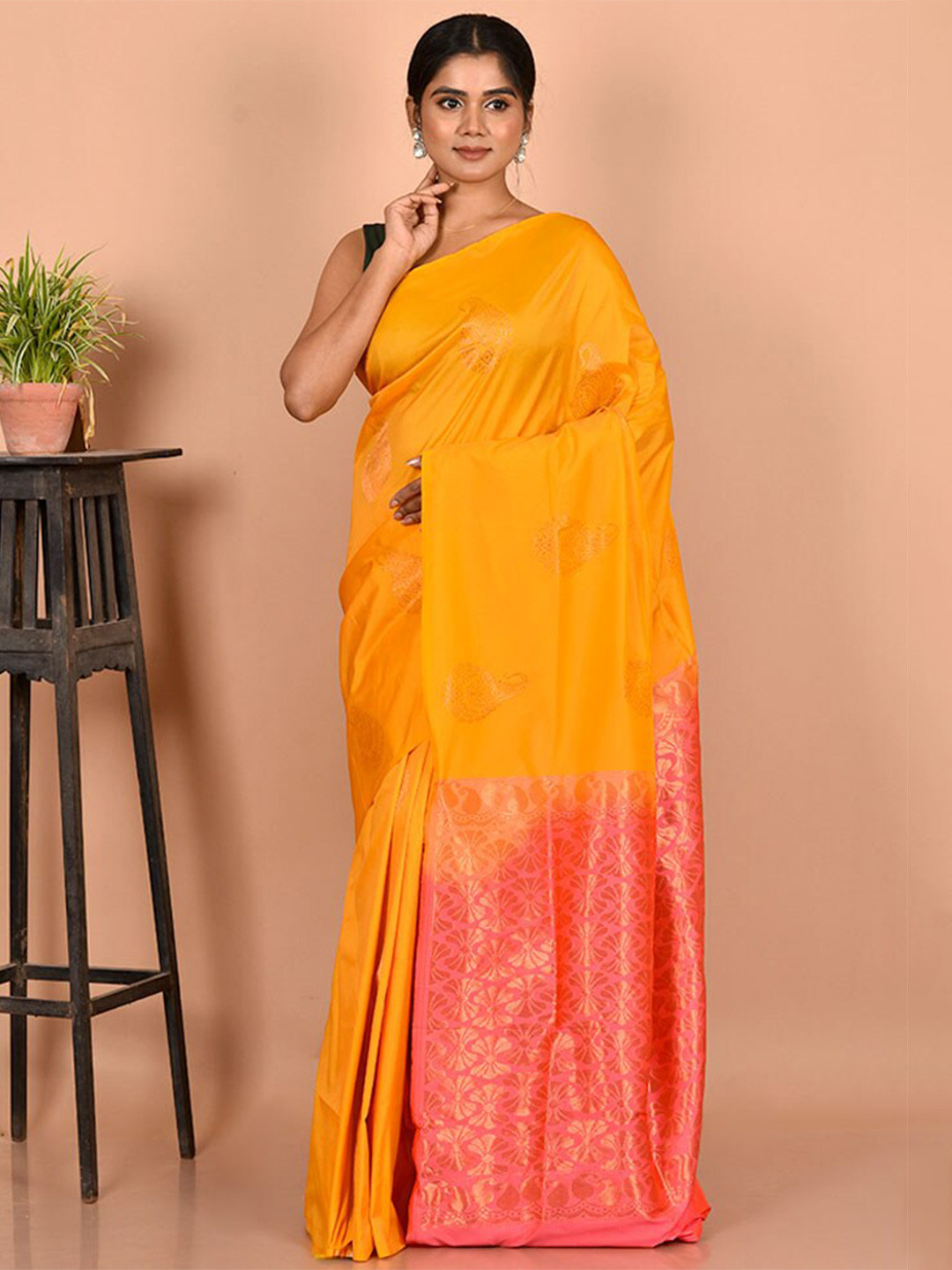 

AllSilks Yellow & Pink Woven Design Zari Silk Blend Kanjeevaram Saree