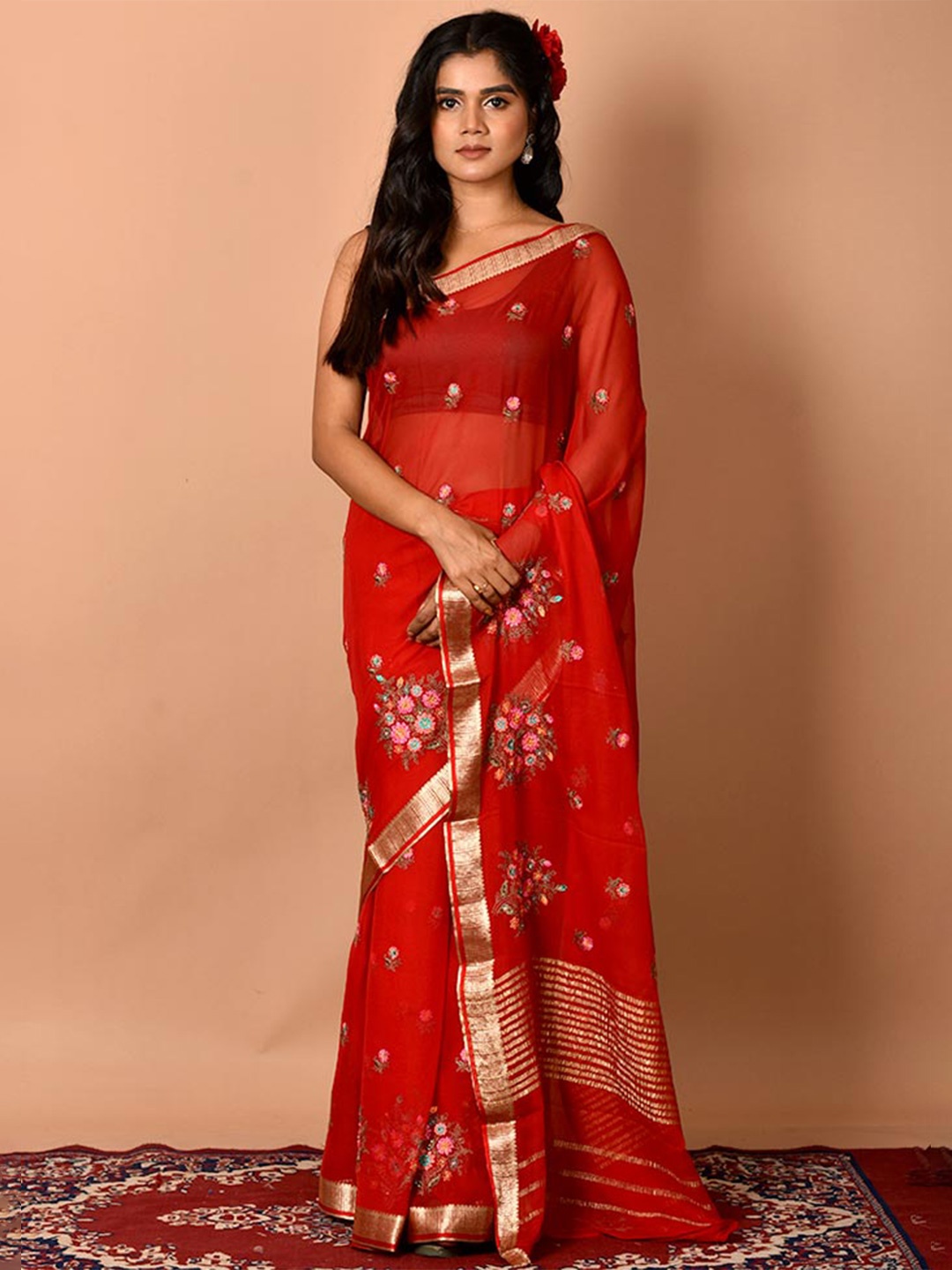 

AllSilks Red & Pink Floral Zari Pure Chiffon Saree