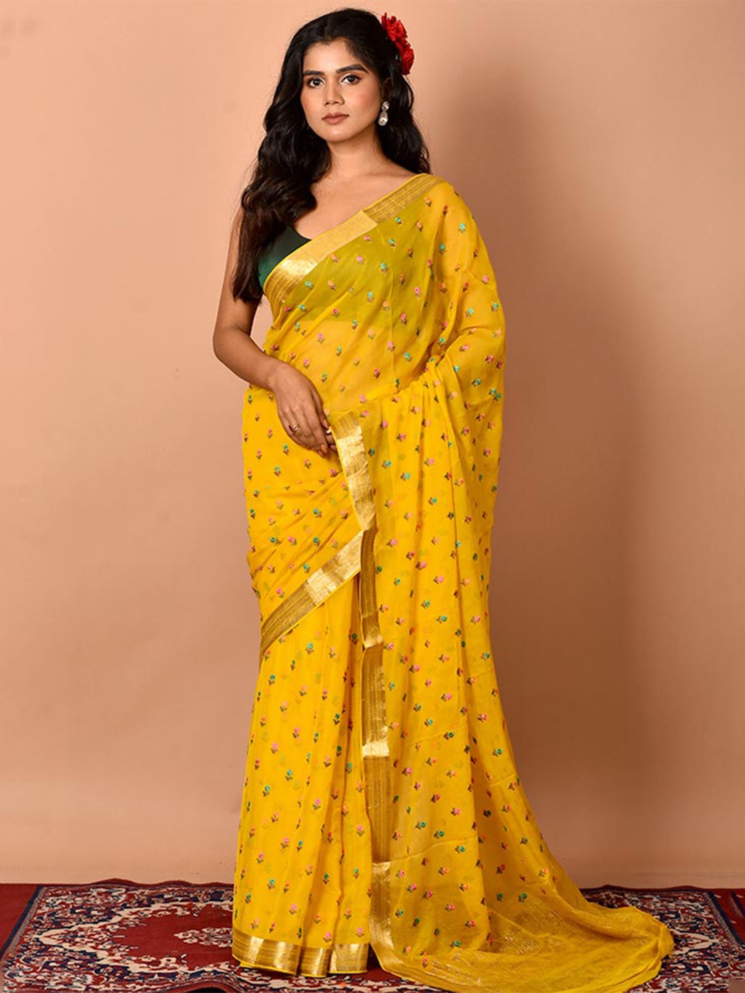 

AllSilks Yellow & Pink Floral Embroidered Pure Chiffon Saree