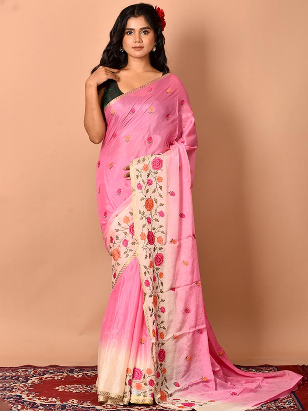 

AllSilks Pink & Cream-Coloured Floral Pure Chiffon Saree