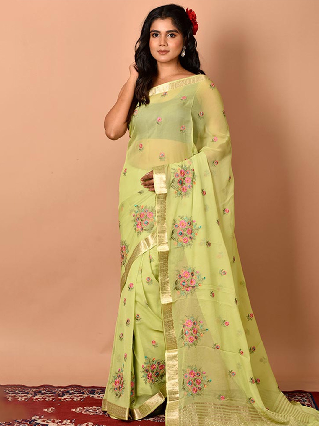 

AllSilks Green & Pink Floral Embroidered Pure Chiffon Saree