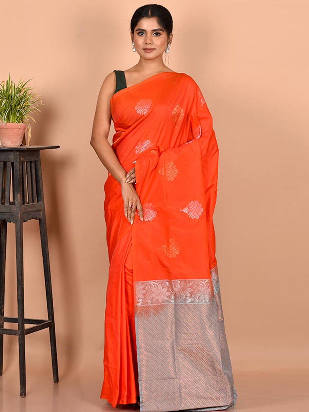 

AllSilks Orange & Silver-Toned Woven Design Zari Silk Blend Kanjeevaram Saree