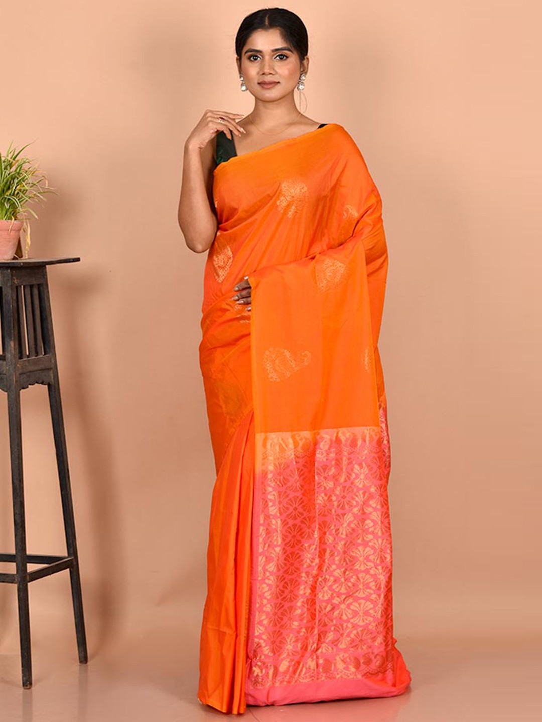 

AllSilks Orange & Pink Woven Design Silk Blend Kanjeevaram Saree