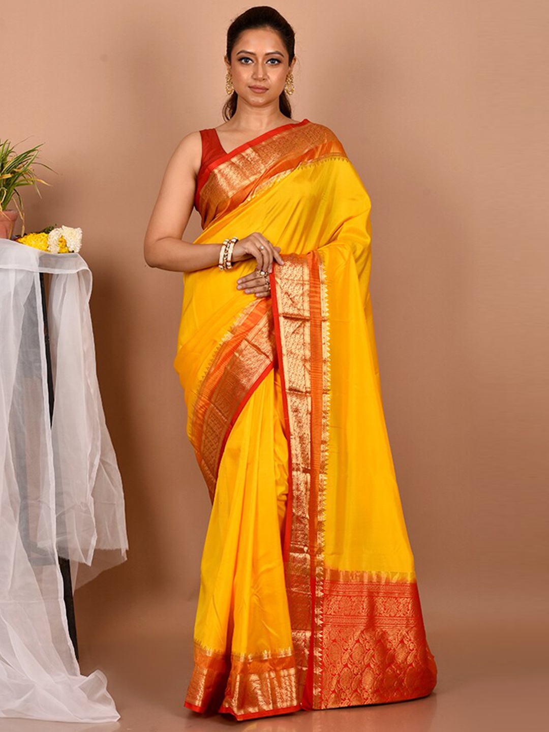 

AllSilks Yellow & Red Zari Pure Silk Kanjeevaram Saree