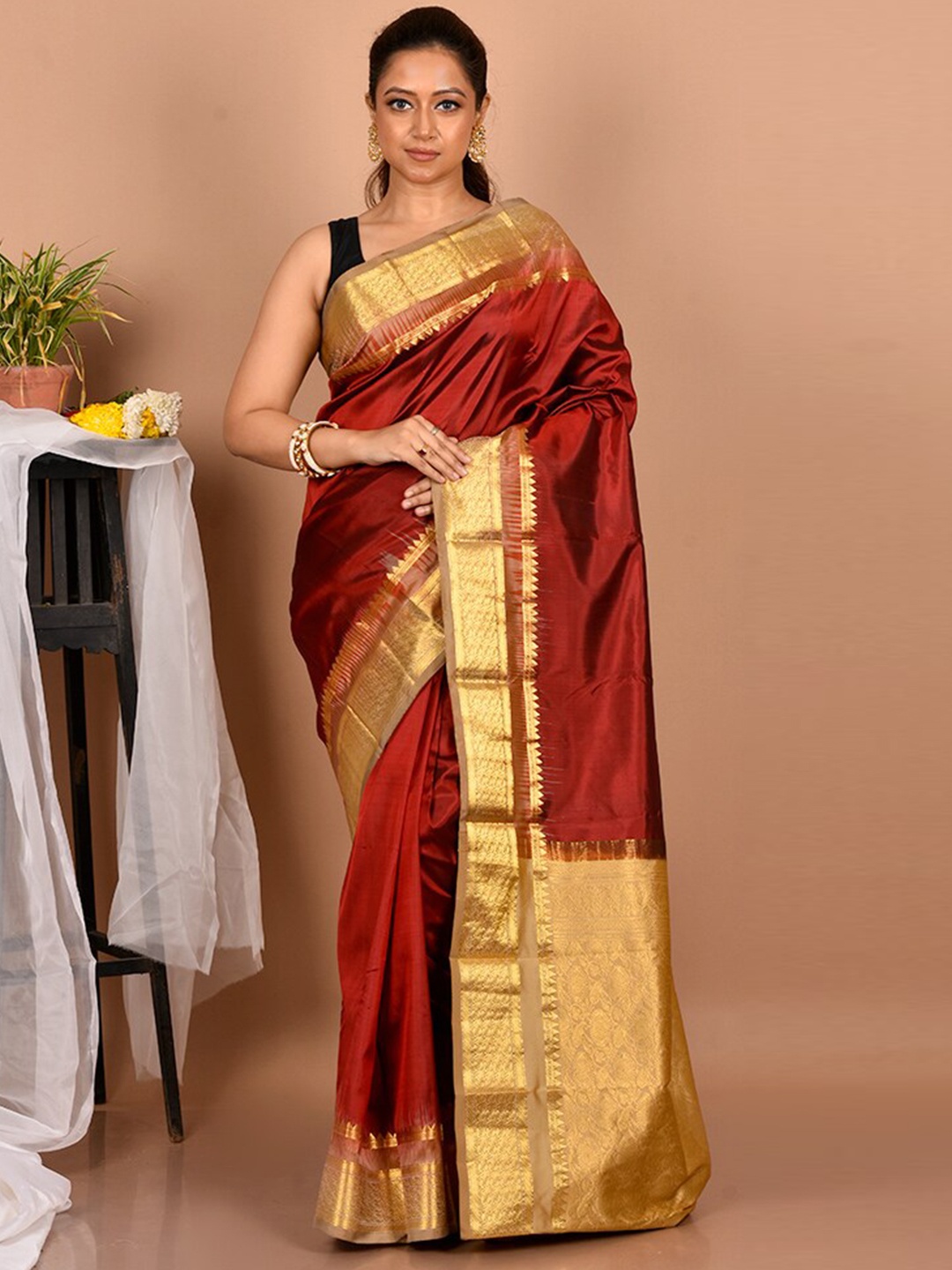 

AllSilks Maroon & Beige Woven Design Zari Pure Silk Kanjeevaram Saree