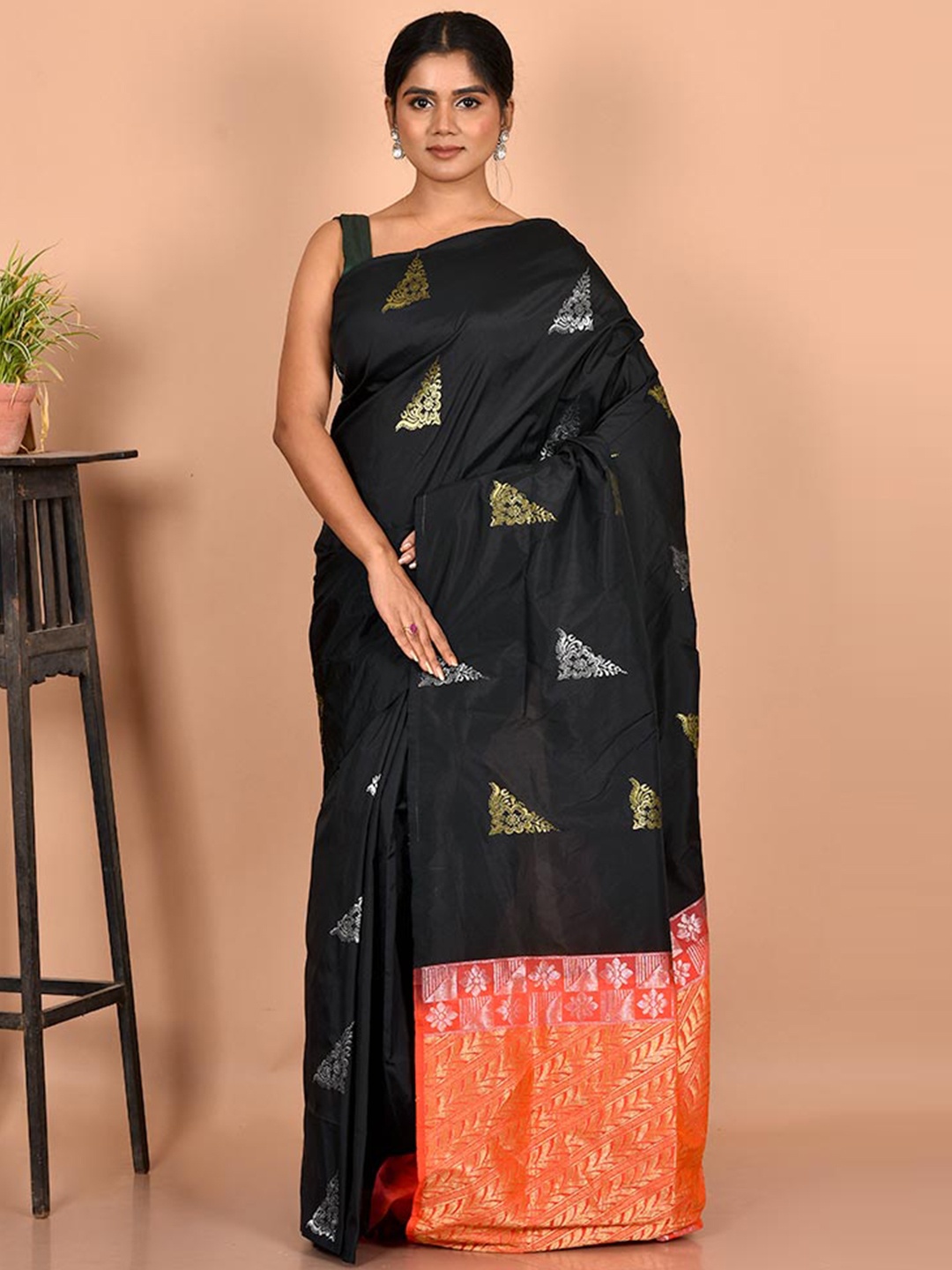 

AllSilks Black & Orange Woven Design Zari Silk Blend Kanjeevaram Saree