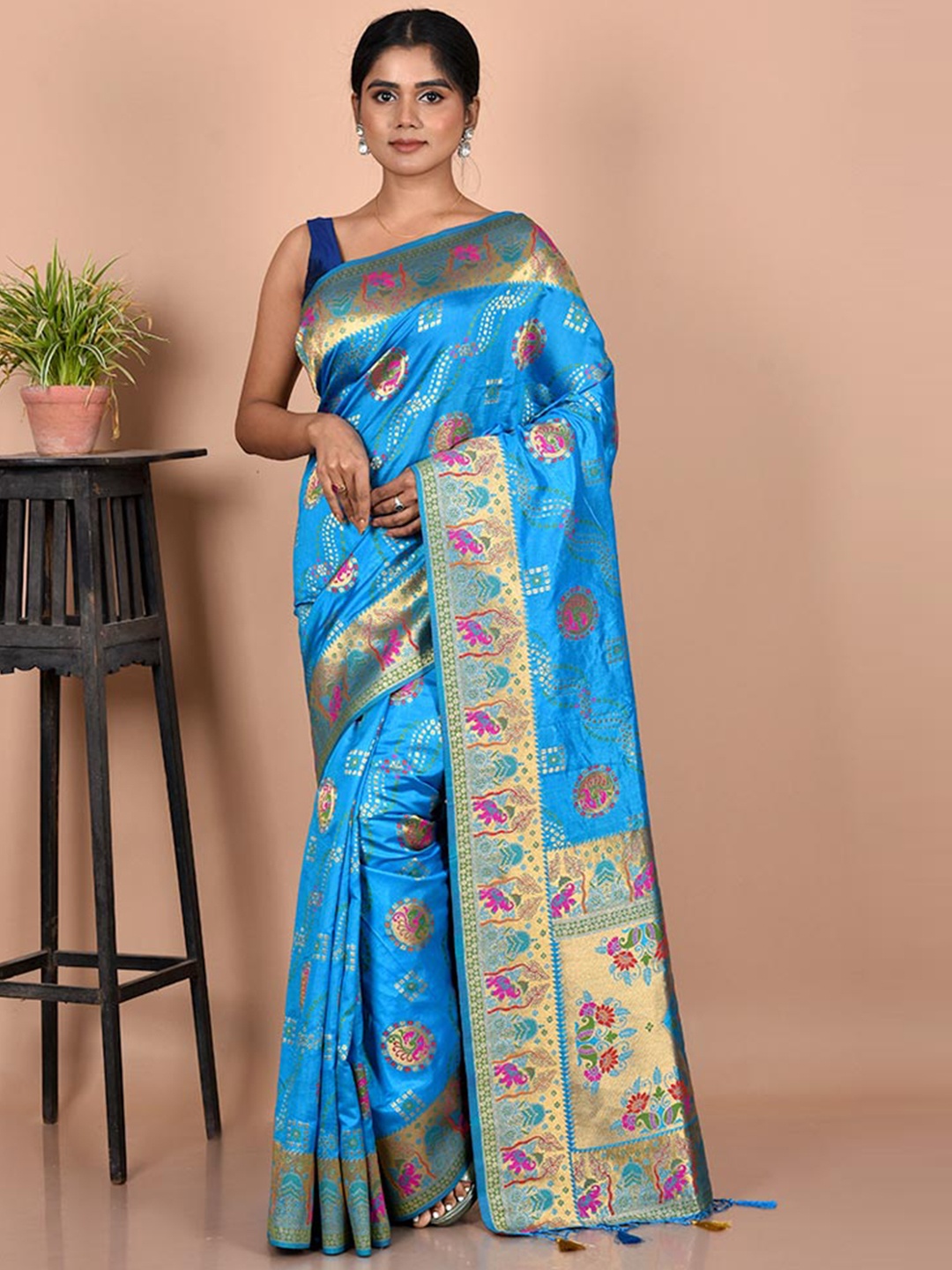 

AllSilks Blue & Gold-Toned Woven Design Zari Silk Blend Saree