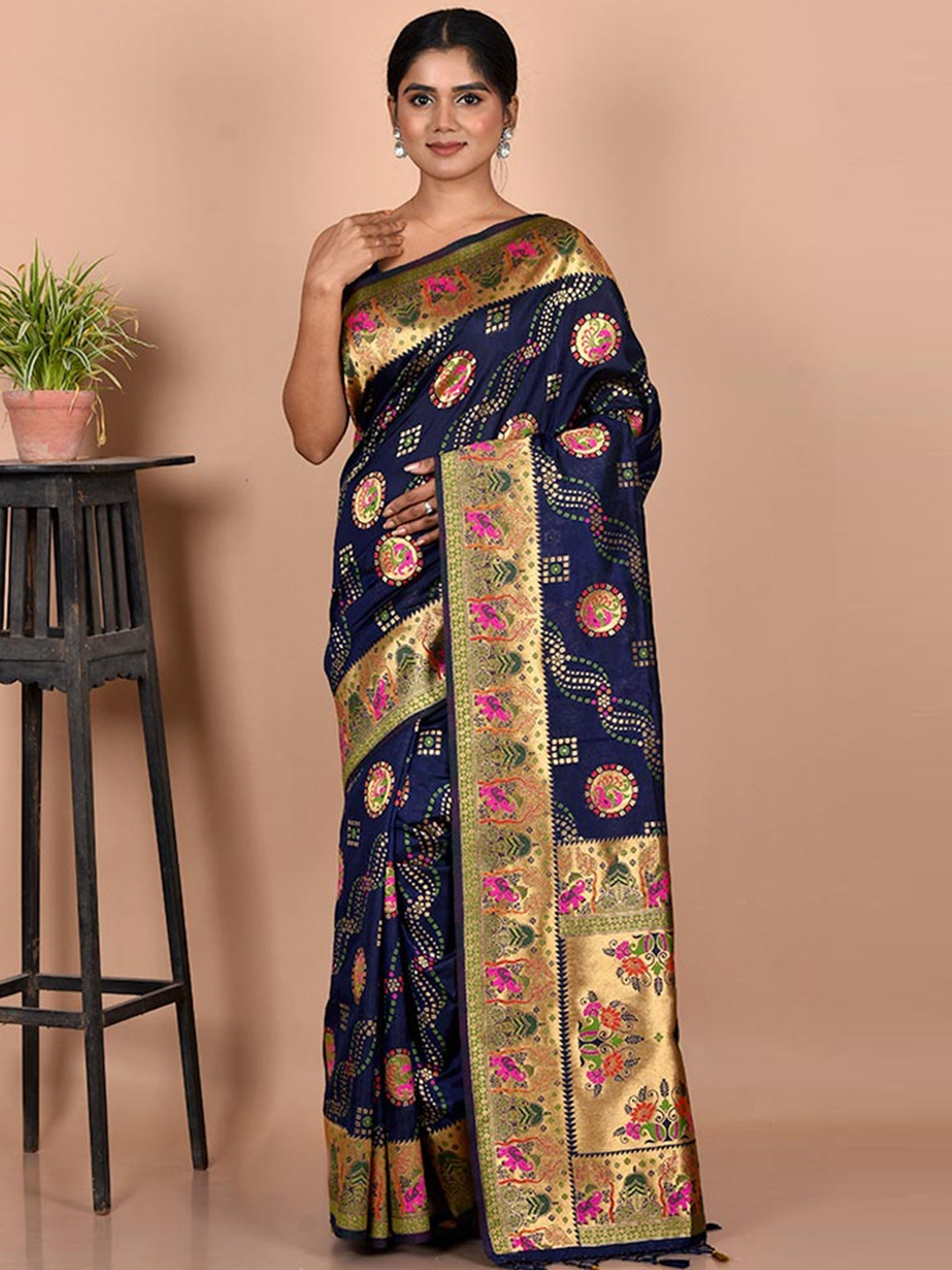 

AllSilks Navy Blue & Gold-Toned Woven Design Zari Silk Blend Saree