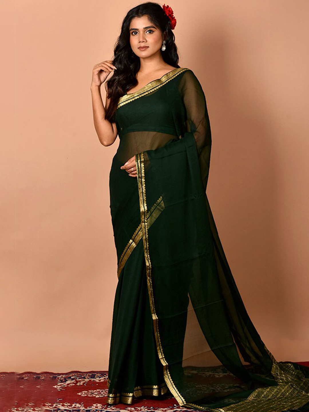 

AllSilks Black & Gold-Toned Zari Saree