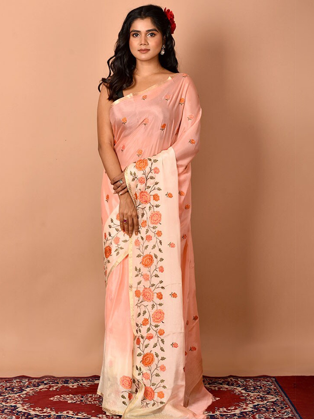 

AllSilks Peach-Coloured & Red Floral Zari Pure Chiffon Saree