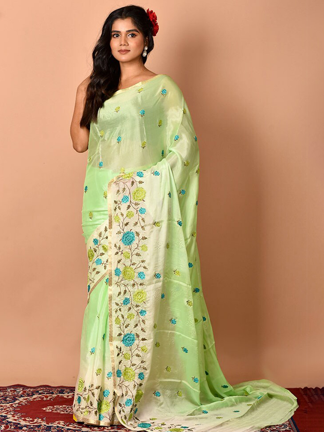 

AllSilks Green & Blue Floral Zari Pure Chiffon Saree