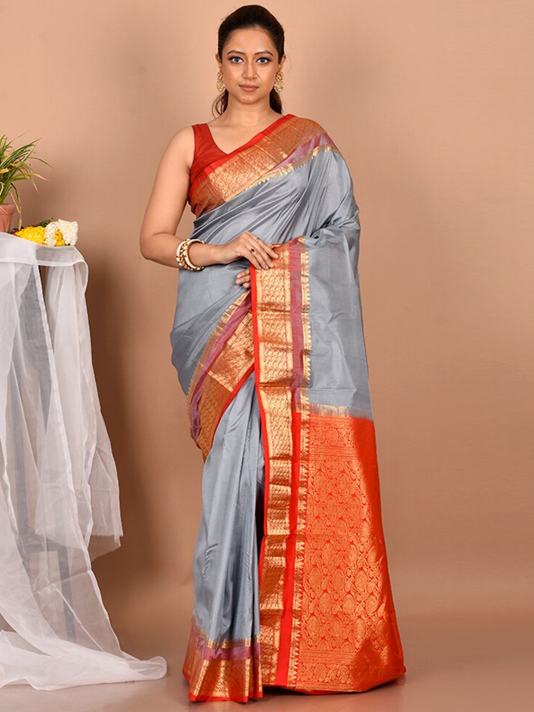 

AllSilks Grey & Red Woven Design Zari Pure Silk Kanjeevaram Saree