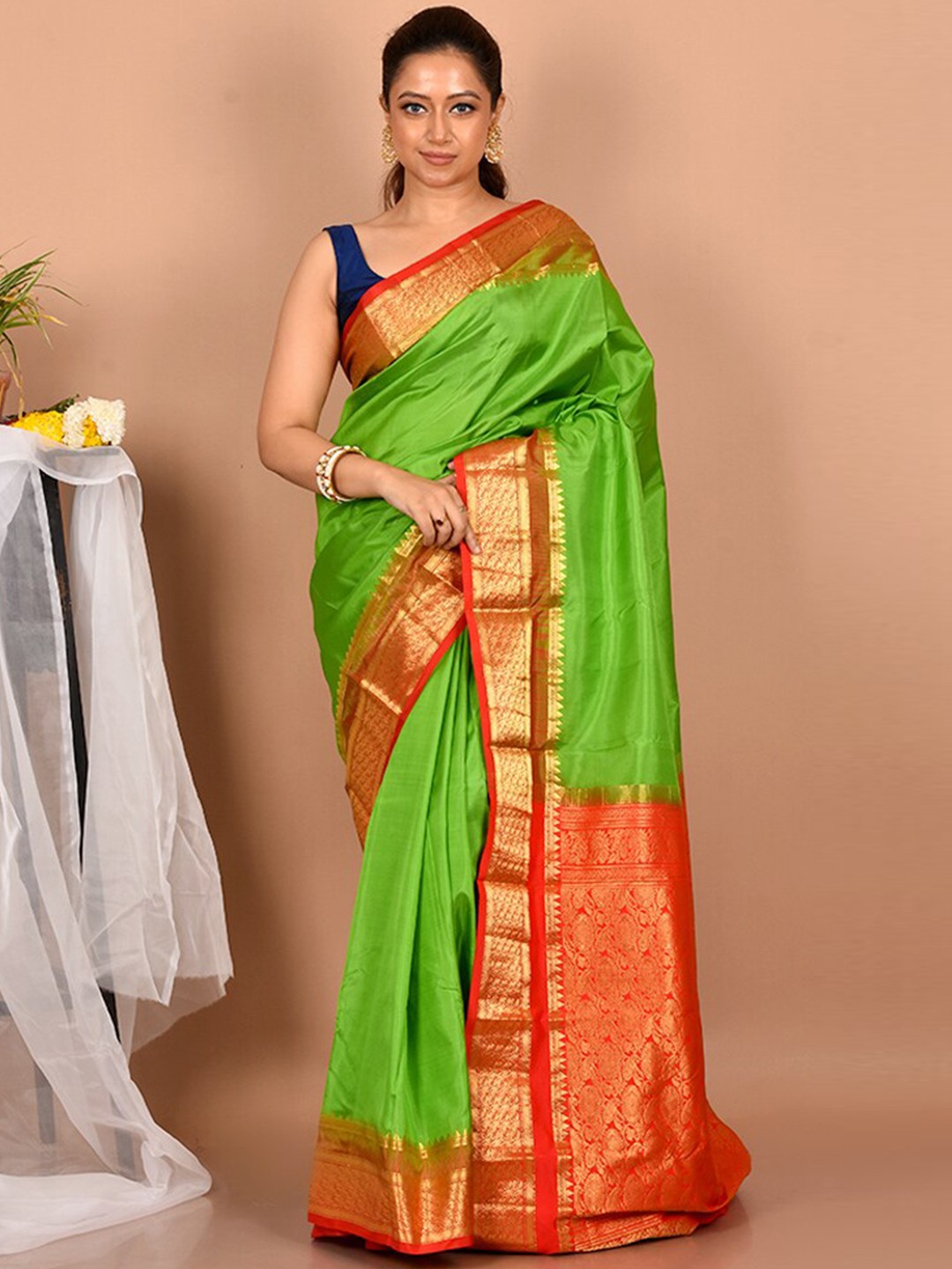 

AllSilks Green & Red Zari Pure Silk Kanjeevaram Saree