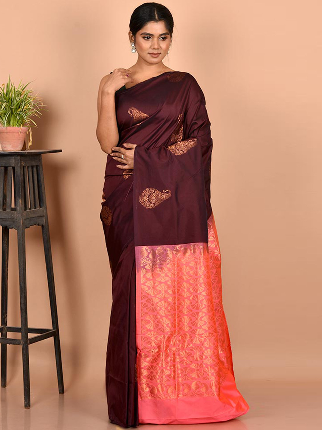 

AllSilks Brown & Pink Woven Design Zari Silk Blend Kanjeevaram Saree