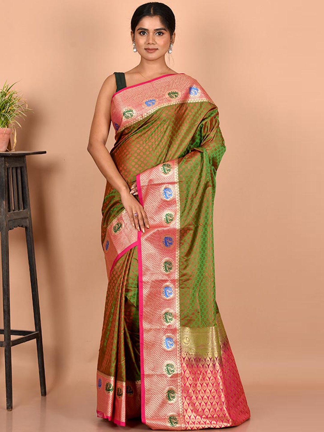 

AllSilks Olive Green & Pink Woven Design Zari Silk Blend Kanjeevaram Saree