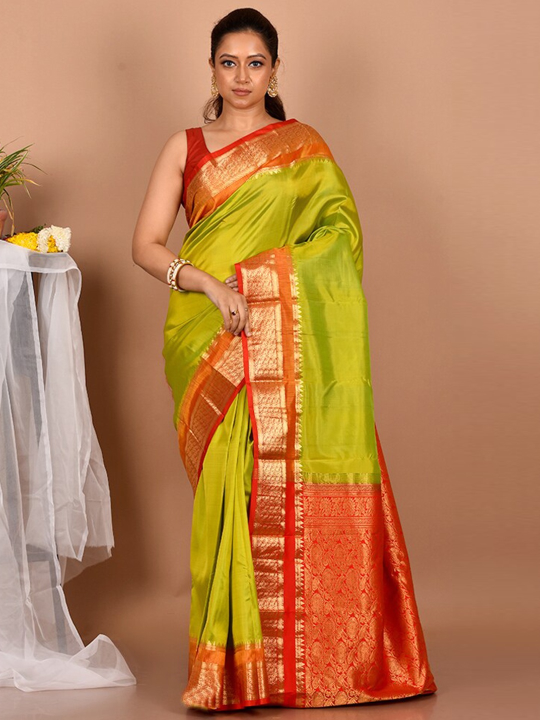 

AllSilks Green & Orange Zari Pure Silk Kanjeevaram Saree