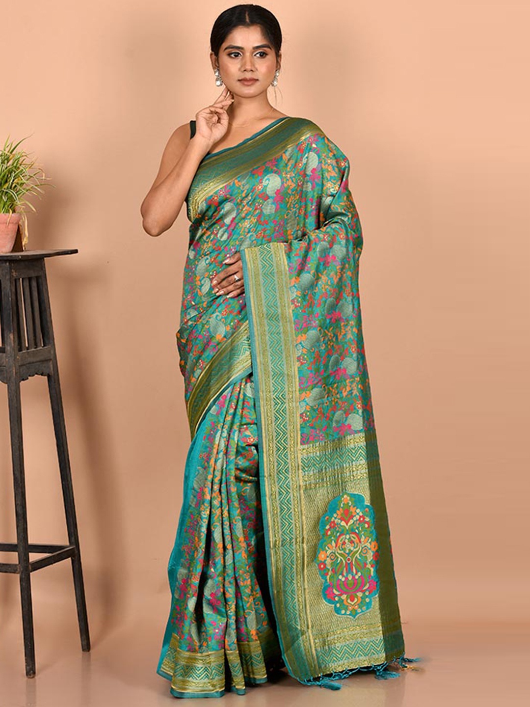 

AllSilks Green & Pink Woven Design Zari Silk Blend Saree