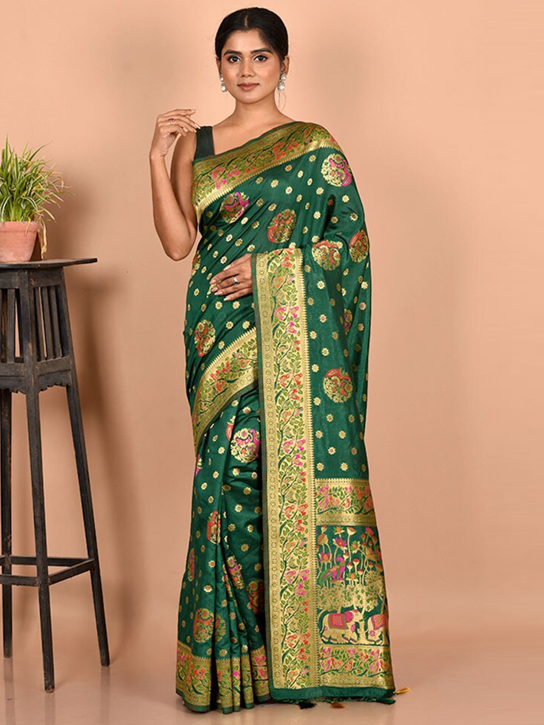 

AllSilks Green & Pink Ethnic Motifs Zari Saree